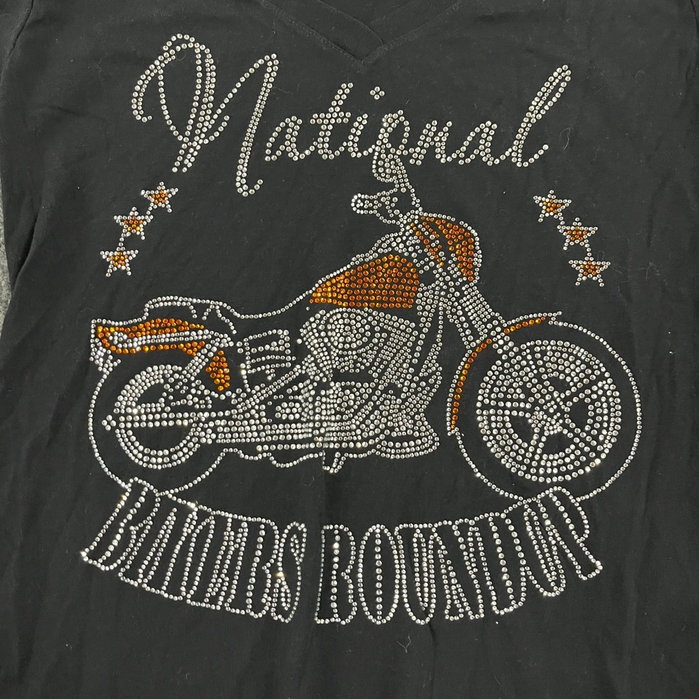 National Bikers Roundup T-Shirt Womens Size S Black Rhinestone Motorcycle V-Neck